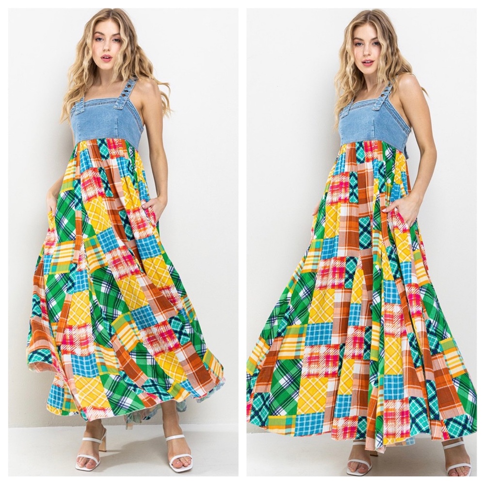 Denim Multi Fabric Pleated Suspender Maxi Dress - Picture 3 of 4